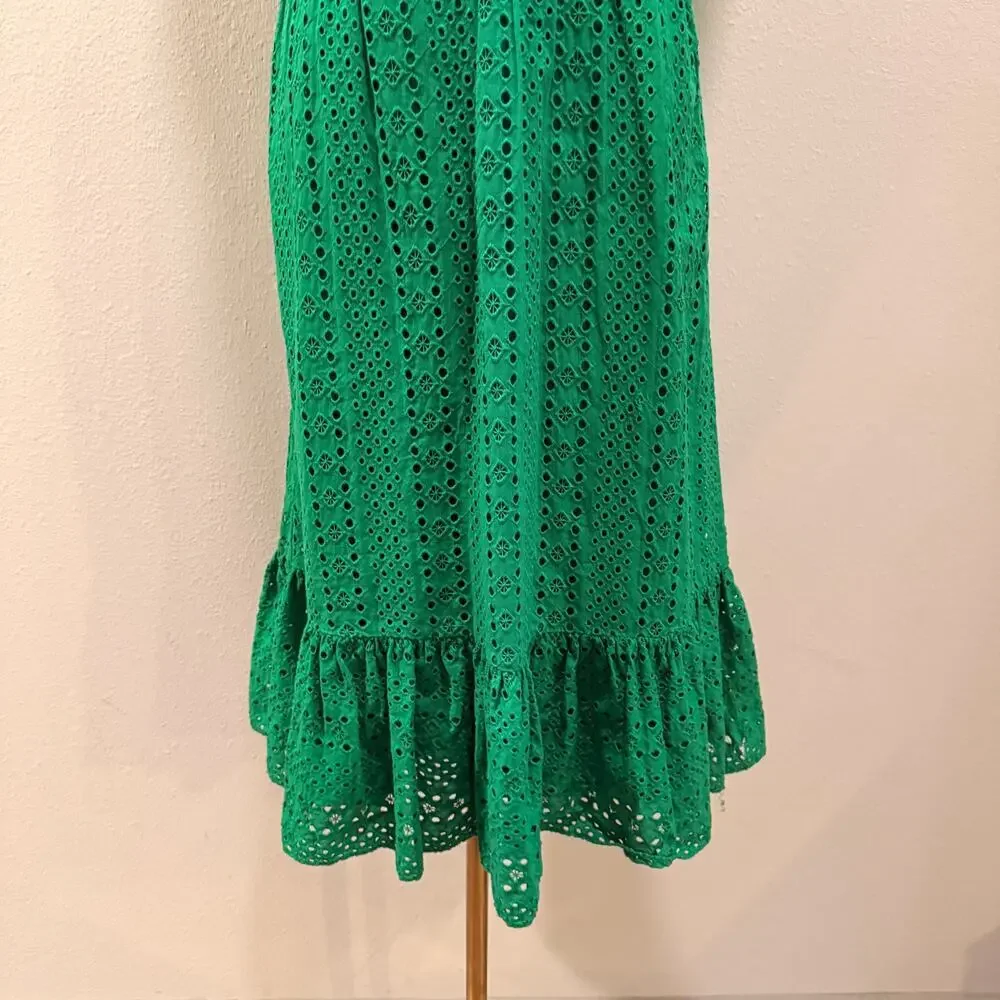 J.Crew Emerald Green Eyelet Midi Dress Ruffle Hem Resort Summer 100% Cotton 6 - Picture 6 of 10